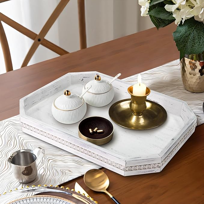MAONAME Wood Serving Tray, Farmhouse Wooden Tray for Coffee Table, Octagonal Beaded Trays, Vintage White Decorative Trays for Living Room, Kitchen, 15.7" X 10.2" X 1.6"