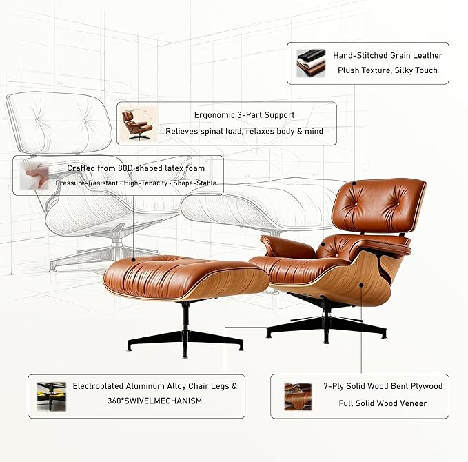 Mid Century Chaise Lounge Chair with Ottoman, Modern Retro Classic Design, PU Leather & Walnut Wood, Heavy Duty Metal Support, Comfortable for Living Room Bedroom Office（Brown-Premium）