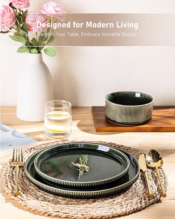 GBHOME 12-Piece Stoneware Dinnerware Set for 4 – Ribbed Ceramic Plates and Bowls, Scratch-Resistant, Microwave & Dishwasher Safe, Reactive Glaze, Mossed Jade