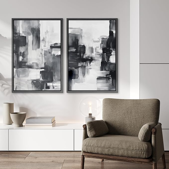 IDEA4WALL Framed Canvas Print Wall Art Set Black and White Urban Abstract Bold Monochrome Brushstroke Illustrations Modern Art Decorative Calm/Zen for Living Room, Bedroom, Office - 16"x24"x2 Black