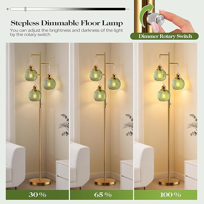 QiMH Modern Floor Lamps for Living Room, Standing Lamp with 3 Lights, 68" Tall Lamp for Bedroom, Green Vintage Glass Lamp with Stepless Dimmable for Home Decor, 3 LED Bulb Included, Brushed Gold