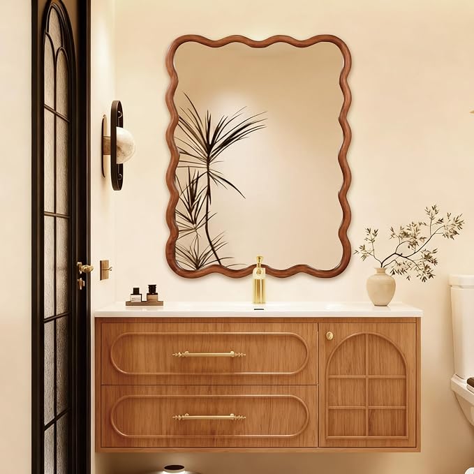 40x30 Inch Wooden Wavy Rectangle Wall Mirror, Modern Solid Wood Frame Decorative Accent Mirror for Bedroom, Bathroom, Living Room, Entryway, Yellowish Brown