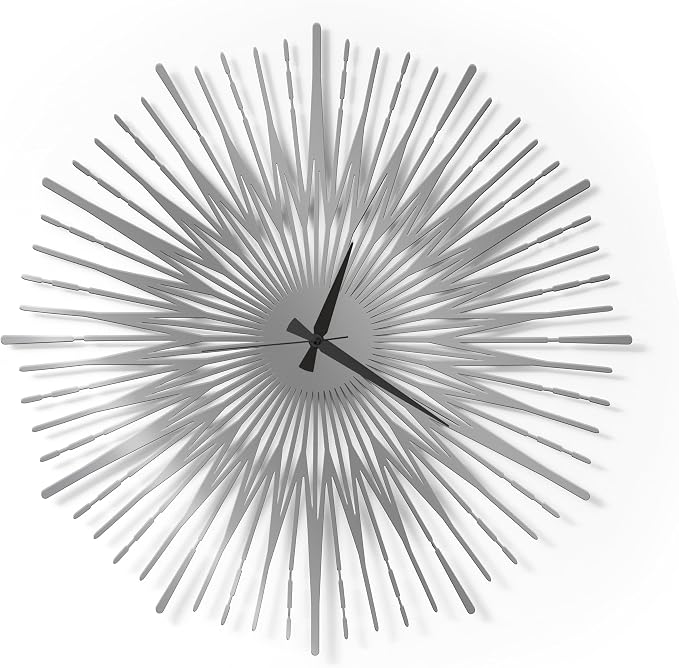 Sun Rays Wall Clock, Large Metal Decorative Wall Clock, Modern Minimalist Wall Decor (Silver, Small)