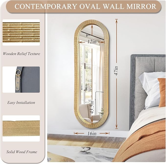 WAMIRRO Gold Oblong Wood Mirror, 47X16 Inch Hand Carved Solid Wood Capsule Frame Oval Mirror for Wall Mount, Farmhouse Boho Decor for Living Room, Bathroom, Bedroom, Hallway & Entryway