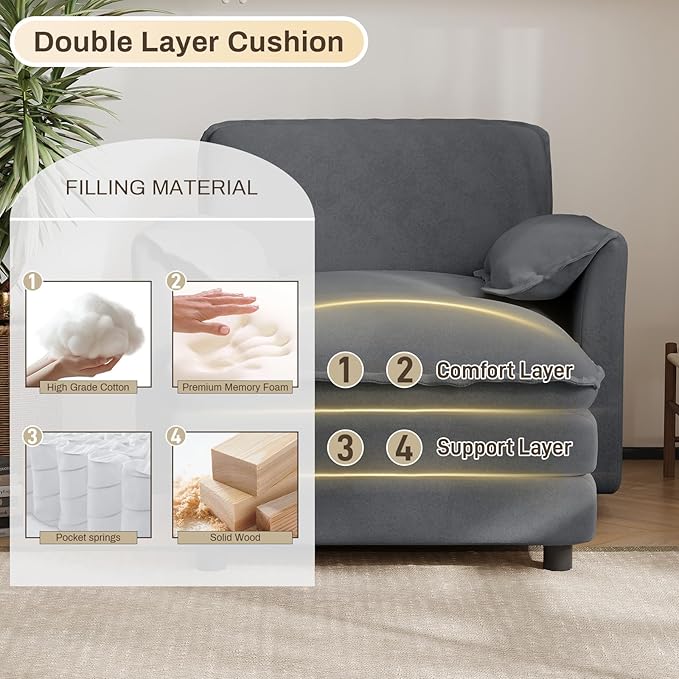 Oversized Chaise Lounge Chair Indoor with Ottoman, Firm Solid Wood Frame with Long Service Life Chenille Oversized Lounge Reading Chair for Study Room - Grey