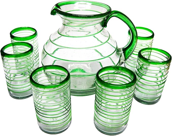 Emerald Green Spiral 120 oz Pitcher and 6 Drinking Glasses set, Recycled Glass, Lead-free, Toxin-Free (Pitcher & Glasses)