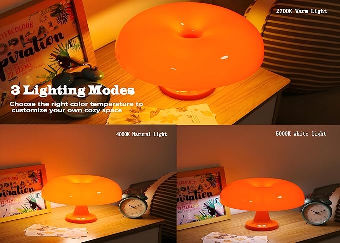 Orange Mushroom Lamp Dimmable Mushroom Table Lamp with 3 Lighting Modes Plug Donut 70s Retro Mid Century Lamp for Room Aesthetic Modern Lighting for Bedroom Living Room Home Decor & Gifts