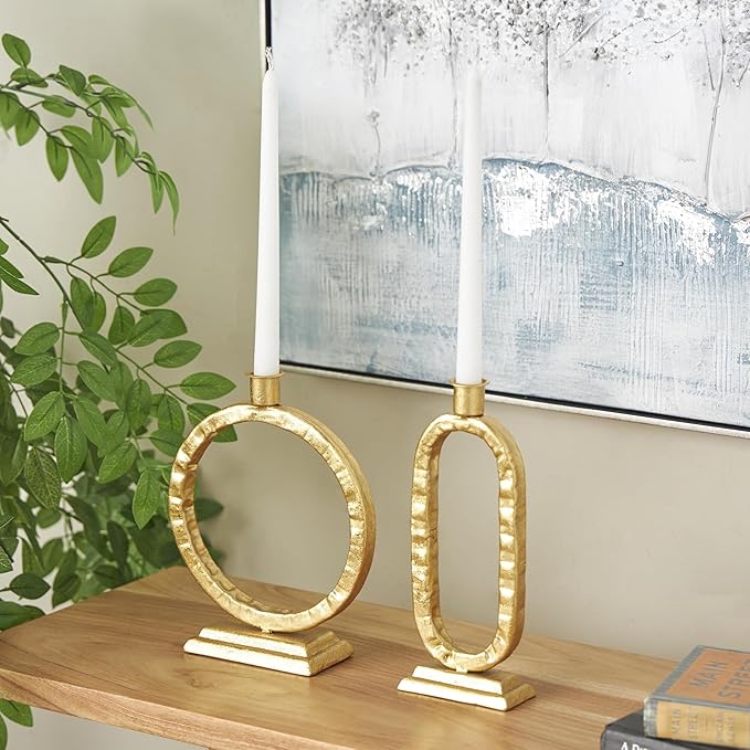 Deco 79 Metal Decorative Candle Holder Tapered Candle Stand with Rectangle Base, Set of 2 Candlestick Holder 10",9" H, Gold