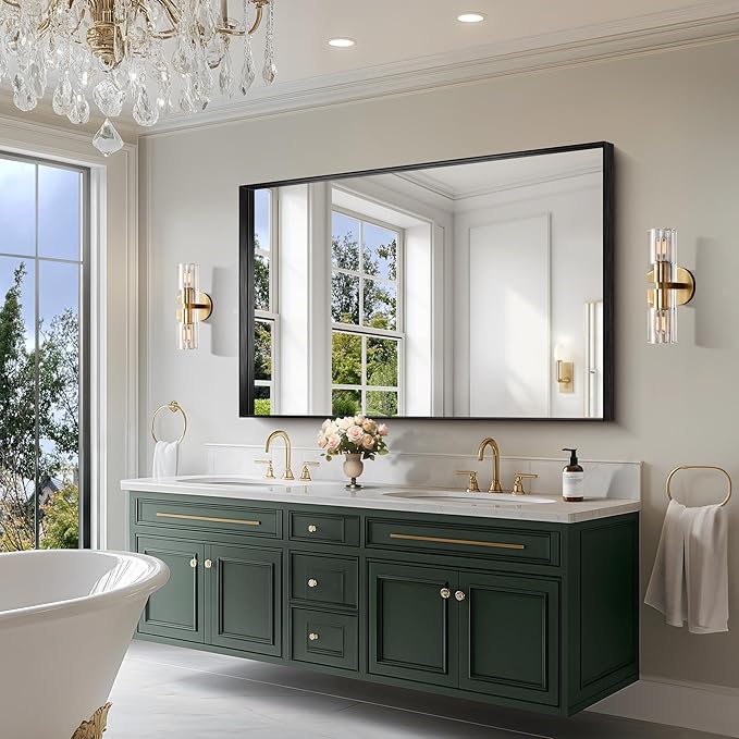 CIRCUMI Black Bathroom Mirror, 36"x55" Rectangular Mirror with Deep Metal Frame, Brushed Finish, Tempered Glass, Large Mirror for Wall, Over 2 Sinks, Installed Vertically/Horizontally, Crystal-Clear