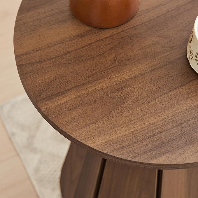 Small Round End Table Nightstand, Mid Century Modern Side Table, Circle Bedside Tables Wood Night Stand for Bedroom, Living Room, Small Space, Walnut