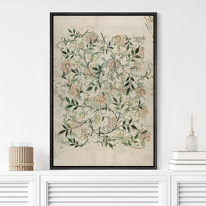 MUDECOR Framed Canvas Print Wall Art Floral Elegance Vintage Botanical White and Peach Flowers Illustrations Realism Decorative Scenic Panoramic Earth for Living Room, Bedroom, Office - 24"x36" Black
