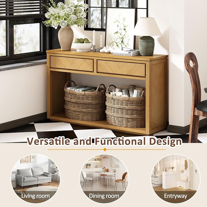 Wood Console Table, 55" Retro Narrow Long Sofa Table Behind Couch with Storage Drawers and Open Shelf for Hallway Entryway Living Room Entrance, Natural