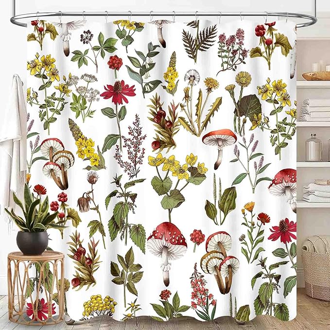 Mushroom Shower Curtain for Bathroom, Farmhouse Wildflower Botanical Mushroom Plants Leaf Sage Green Rustic Vintage Cottagecore Nature Waterproof Fabric Shower Curtain Set with Hooks, 72"x72" Inch