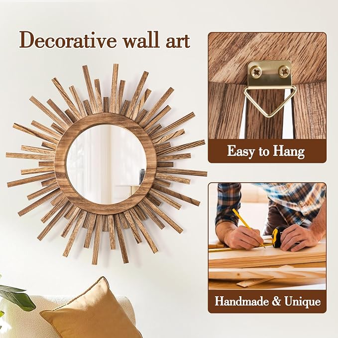 24 Inch Boho Sunburst Mirror, Round Wooden Wall Decor Starburst Sun Mirror for Bedroom, Living Room, Bathroom, Hallway, Balcony, Farmhouse Entryway, Housewarming Gift（Rustic Brown