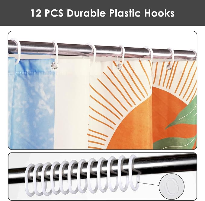 Mid Century Abstract Boho Aesthetic Shower Curtain Set, Blue Nature Leaf Sun Modern Minimalist Home Bathroom Curtain Decor with 12 Hooks 72 Inch Wide * 84 Inch High
