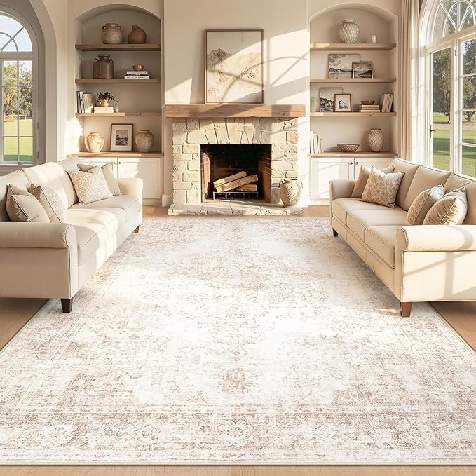 Area Rug 8x10 Vintage Rug: Large Washable Indoor Medallion Rugs Low Pile Distressed Floor Carpet Retro Accent Rug for Living Room Bedroom Kitchen Dining Table Home Office(Retro Beige, 8'x10')