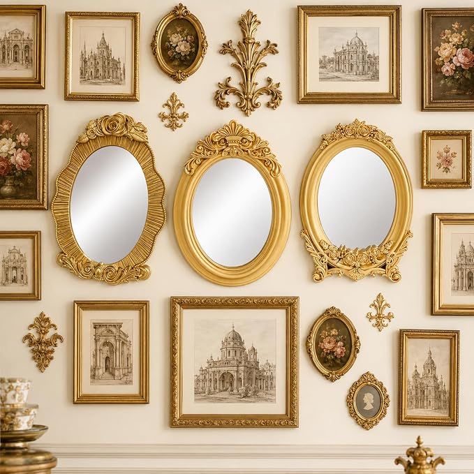 Mifoci Vintage French Wall Mirror Set of 3 Antique Decorative Gallery Wall Mirror Gold Hanging Antique Art Decor Ornate Baroque Style for Living Room Bedroom Home Decor (Oval)