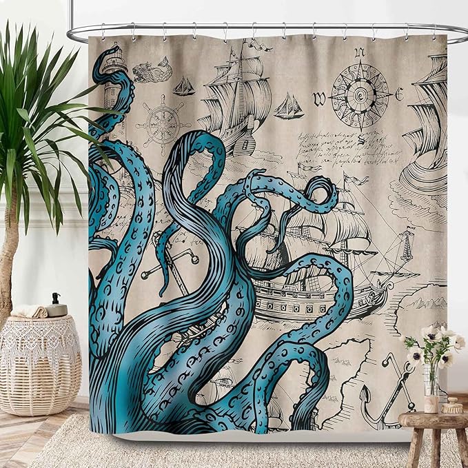 Nautical Octopus Shower Curtain,Funny Monster Ocean Kraken Pirate Ship Sailboat Retro Nautical Map Pattern Rural Bathroom Curtain Waterproof Fabric Machine Washable with Hook,72x84Inch