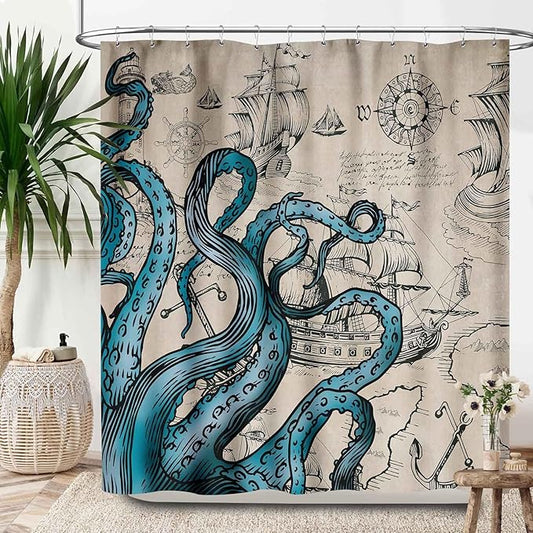 Nautical Octopus Shower Curtain,Funny Monster Ocean Kraken Pirate Ship Sailboat Retro Nautical Map Pattern Rural Bathroom Curtain Waterproof Fabric Machine Washable with Hook,72x84Inch