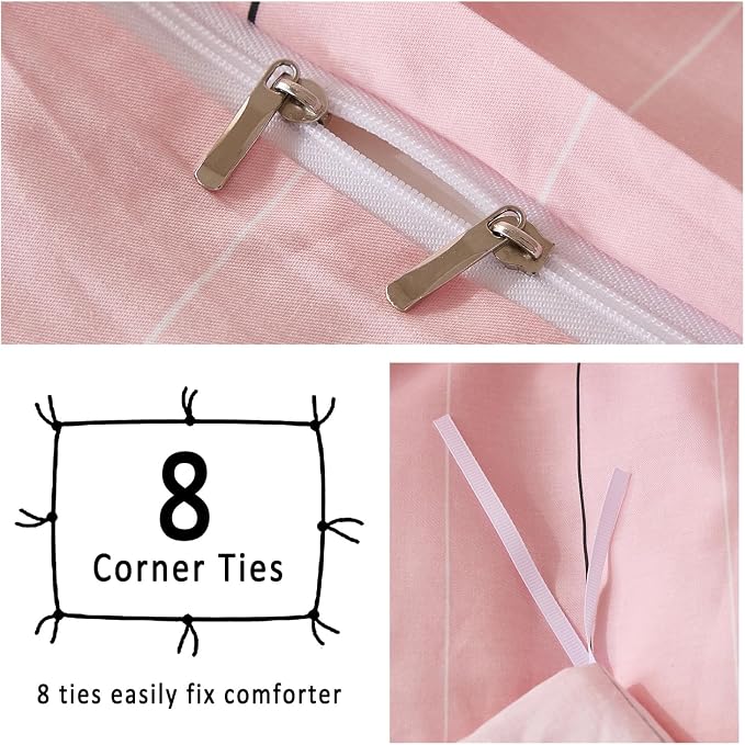 Merryword Pink Striped Duvet Cover Set Queen Size - 100% Cotton Bedding Set with Wide Zipper & 8 Corner Ties, Soft Breathable Bedding Set Elegant Pastel Comforter Cover for All Seasons