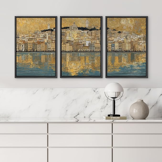 wall26 Framed Print Wall Art Set Golden Cityscape Reflection Gustav Klimt Inspired Coastal TownDecorative Minimal Relax/Zen for Living Room, Bedroom, Office - 24"x36"x3 BLACK