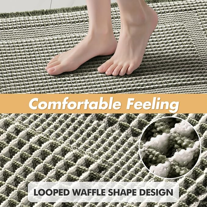 MIULEE Set of 2 Waffle Bathroom Rugs, Boho Bath Rug Super Absorbent, Non Slip Washable Ultra Soft Rubber Backed Shower Bath Mats for Floor, Tub, Shower, Looped Design, Green & Cream, 24x36 Inch