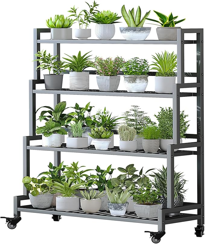 YIZAJIA Plant Stand Indoor 4 Tier Metal Outdoor Tiered Stands Shelf With wheel for Multiple Plants Potted Ladder Plant Holder Table Plant Pot Stand for Window Garden Balcony Living Room