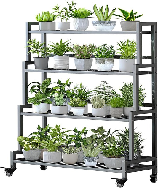 YIZAJIA Plant Stand Indoor 4 Tier Metal Outdoor Tiered Stands Shelf With wheel for Multiple Plants Potted Ladder Plant Holder Table Plant Pot Stand for Window Garden Balcony Living Room
