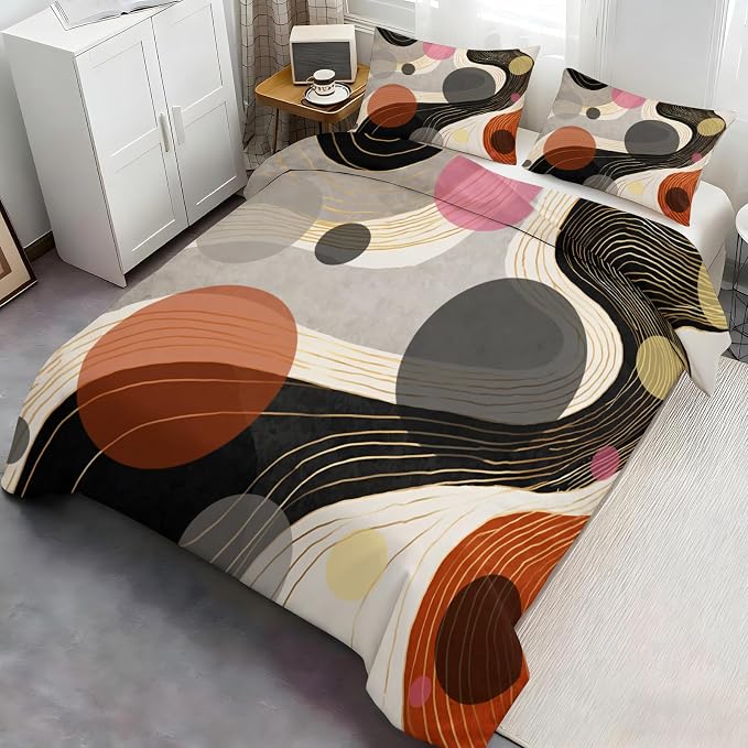 Geometric Abstract Duvet Cover Full Size for Teen Women Adult, Modern Geometric Line Bedding Set 3 Piece, Minimalist Mid Century Circle Patterned Comforter Cover with Zipper, 2 Pillowcases