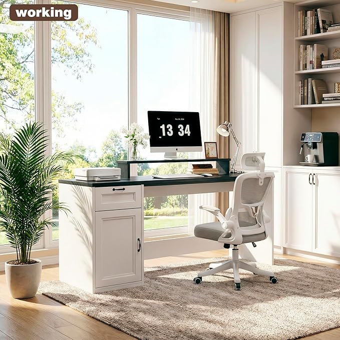 HUAHUU 63" Farmhouse Executive Desk with Drawers, Modern Computer Desk with Power Outlets, Office Writing Desk with Monitor Stand & Storage Cabinet, Printer Shelf, Antique White