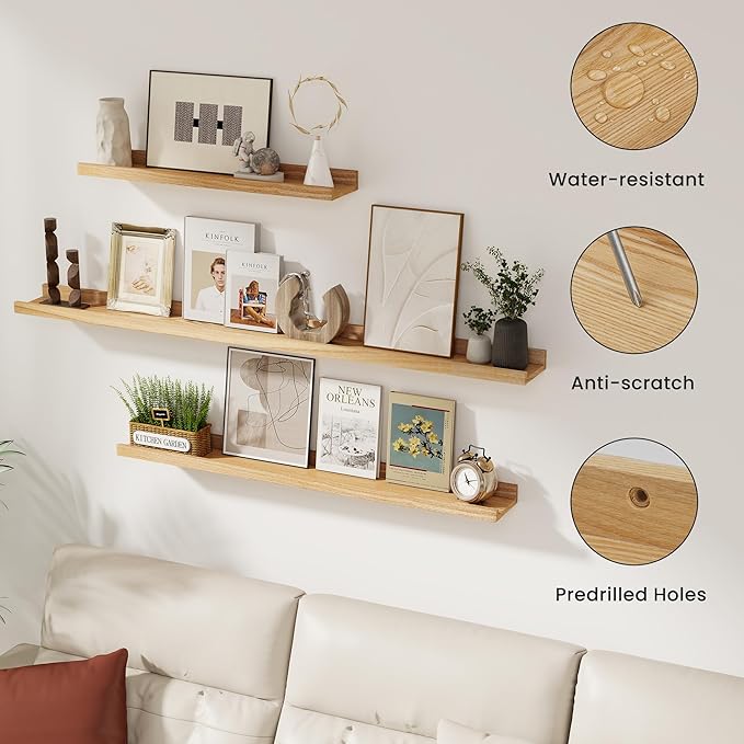 Solid Ash Wood Picture Ledge Shelf, 36 Inch Floating Shelves with Lip Set of 2, Photo Ledge Shelf Nursery Bookshelf Wall Mounted for Living Room Bedroom Decor, Natural