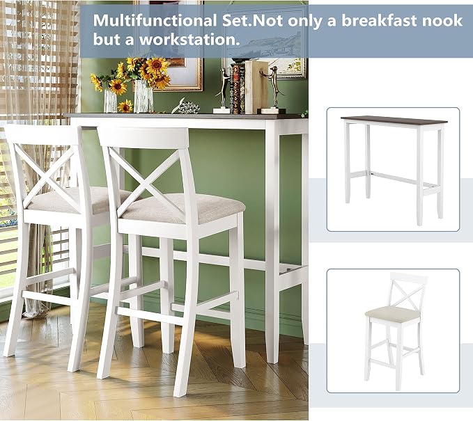 VilroCaz Farmhouse 3-Piece Counter Height Wood Kitchen Dining Sets, Home Bar Pub Kitchen Breakfast Set, 48'' Long Bar Table with 2 Upholstery Chairs for Small Places (Cherry+White)