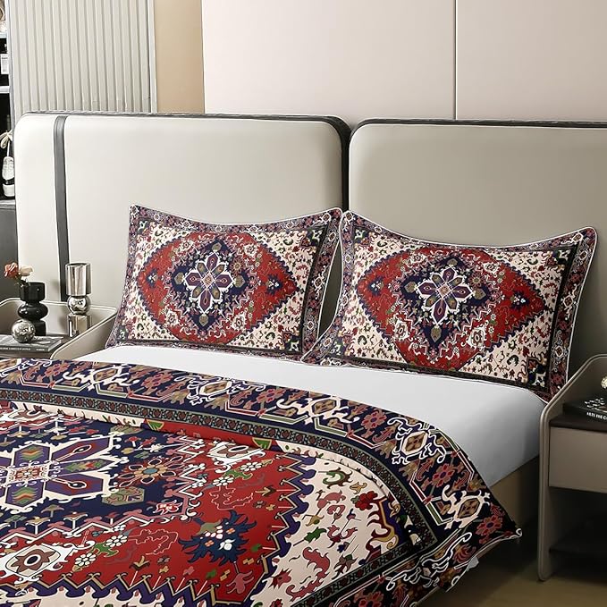 100% Organic Cotton Tribal Pattern Duvet Cover Queen Exotic Geometric Lattice Bedding Set Set Boho Red Green Square Grid Quilt Cover Retro Bohemian Room Decor National Abstract Quilt Cover