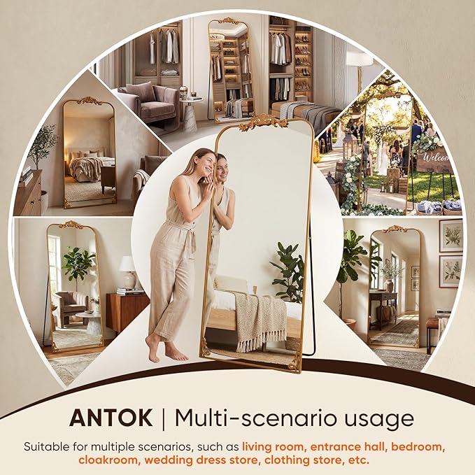 Antok Arched Full Length Mirror, 32"x71" Floor Mirror with Carved, Full Body Mirrors for HomeDecor, Large Wall Mirror with Corner Flower for Bedroom, Living Room, Gold, Luxury Style