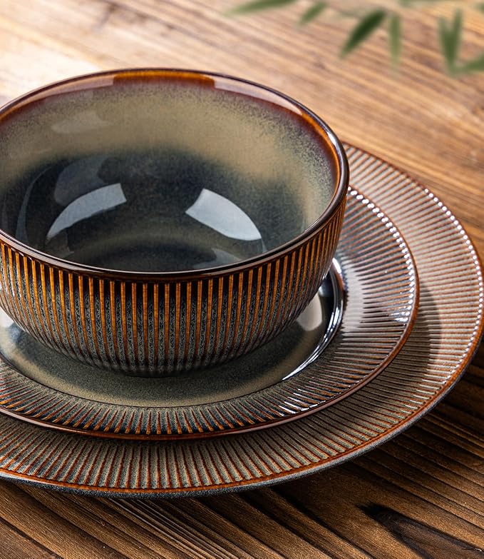TheTerra Stoneware Dinnerware Sets for 4, 12 Pieces Ceramic Plates and Bowls Sets, Scratch Resistant Embossed Dish Set, Oven, Microwave & Dishwasher Safe, Coca Mocha