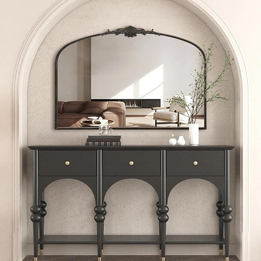 Besdomus Antique Arched Large Mirror: 48"x33" Oversize Black Arch Antique Wall Mounted Mirror - Baroque Traditional Ornate for Living Room/Fireplace/Bathroom- Home Decor for Interior Designers