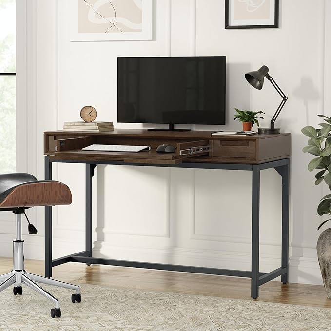SIMPLIHOME Banting Small Desk - 48 Inch Wide Solid Wood and Metal Writing Desk in Walnut Brown, Modern Industrial Home Office Computer Table for Study with 2 Drawers and Flip-Down Keyboard Tray