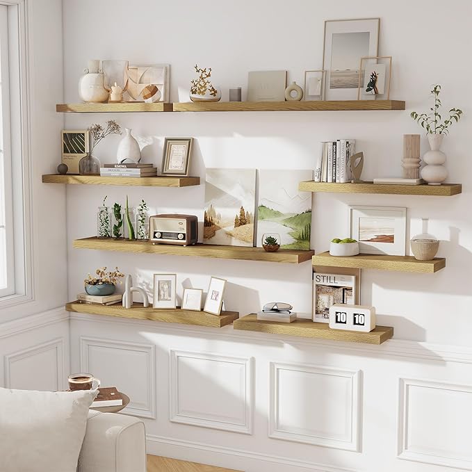 Floating Shelves for Wall, 24 Inch Floating Shelves Set of 2, Wall Mounted Rustic Wood Shelf for Bathroom, Living Room, Bedroom and Kitchen, Hanging Shelf for Storage, Books, Home Decor, Oak