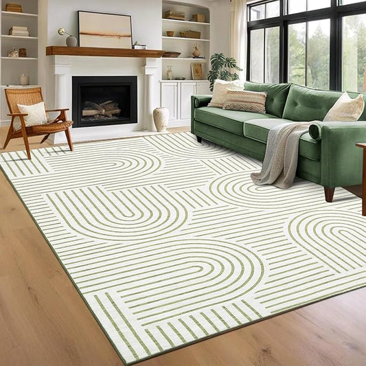 Washable Rug 9x12 Area Rugs for Living Room, Abstract Rug for Bedroom, Soft Rainbow Non Slip Throw Rugs with Rubber Back, Low Pile Stain Resistant Boho Geometric Carpet for Dining Room, Green