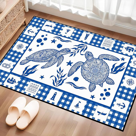 Sea Turtle Rug Coastal Ocean Print Floor Mat Blue and White Plaid Area Rug for Entryway Bedroom Living Room Nursery Kitchen Playroom Home Decor Non-Slip Washable Carpet,2'x3'