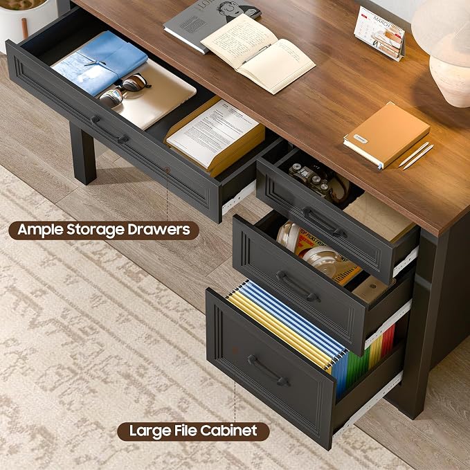 Vabches Farmhouse Executive Desk with Storage and Ample File Drawer, Rustic Large Home Writing Desk for Bedroom, Dark Brown