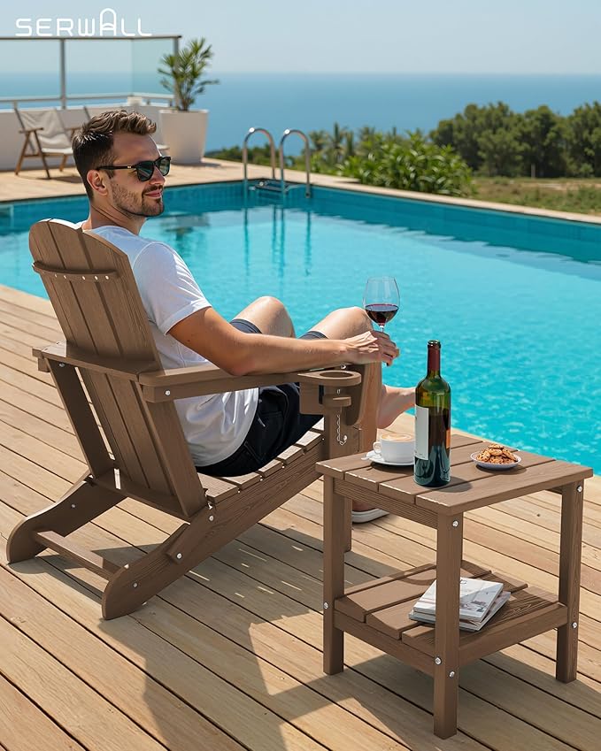 SERWALL 2-Tier HDPE Outdoor Side Tables Set of 4, Weatherproof Rectangular Adirondack Side Table, Brown