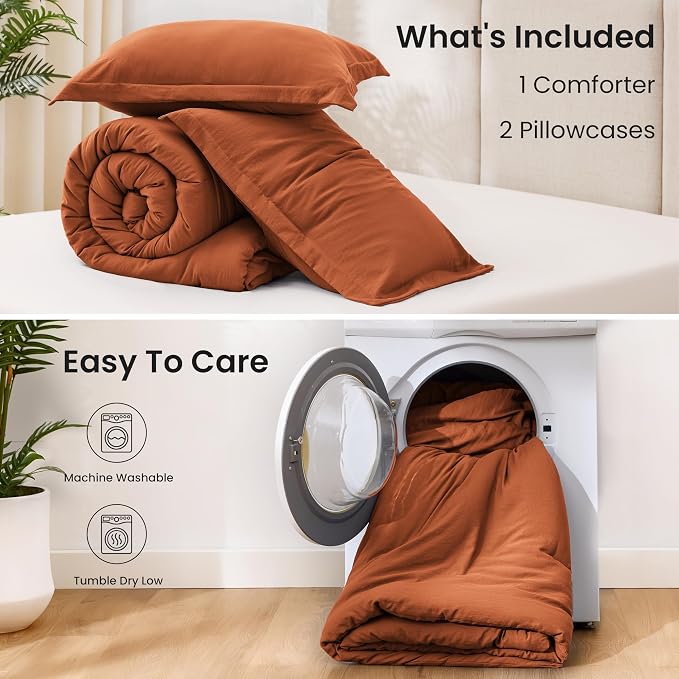 Love's cabin Terracotta King Size Comforter Set, 3-Piece Prewashed Bed Set with 1 Comforter (104 x 90 in) & 2 Pillowcases, Lightweight & Breathable for All Seasons