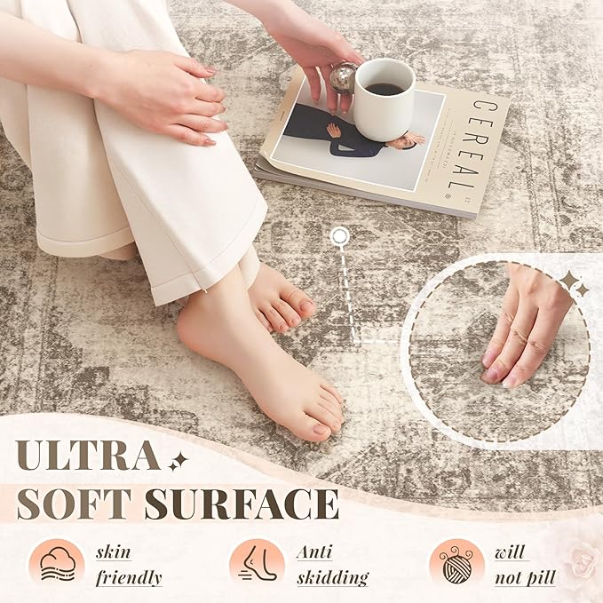Area Rug 9x12 Vintage Rugs: Large Washable Indoor Medallion Rug Low Pile Distressed Floor Carpet Retro Accent Rugs for Living Room Bedroom Kitchen Dining Table Home Office(Taupe, 9'x12')