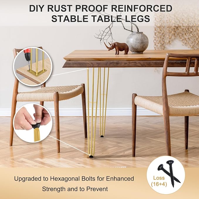 28Inch Hairpin Table Legs Golden Set of 4 Desk Legs,1300lbs Load Capacity ， Rodsfor Coffee Table, Night Stand Desk Bench，Desk, Bench Desk Dining End Table Chairs