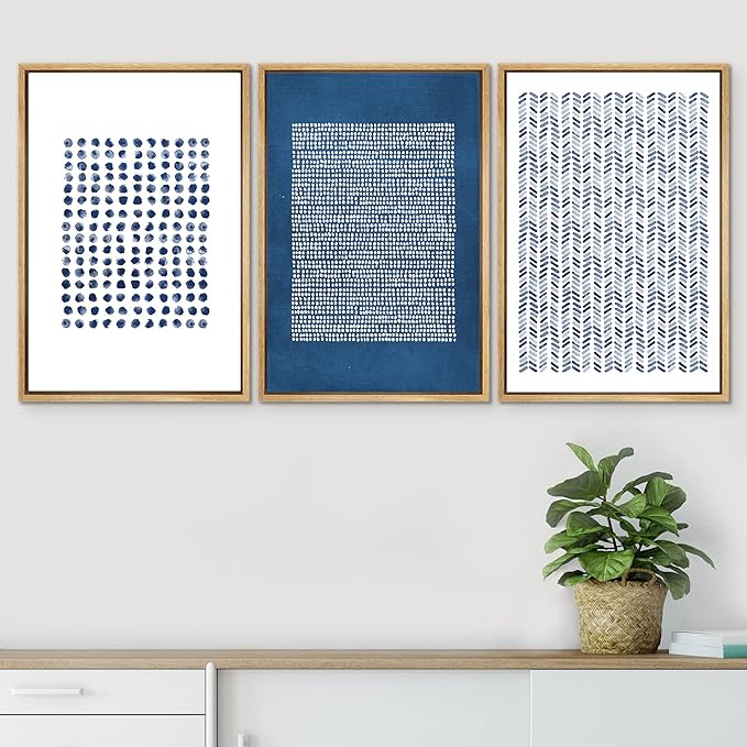 SIGNWIN Framed Canvas Print Wall Art Set Blue Geometric Pattern Landscape Abstract Shapes Illustrations Modern Art Boho Relax/Zen Nordic for Living Room, Bedroom, Office - 24"x36"x3 Natural