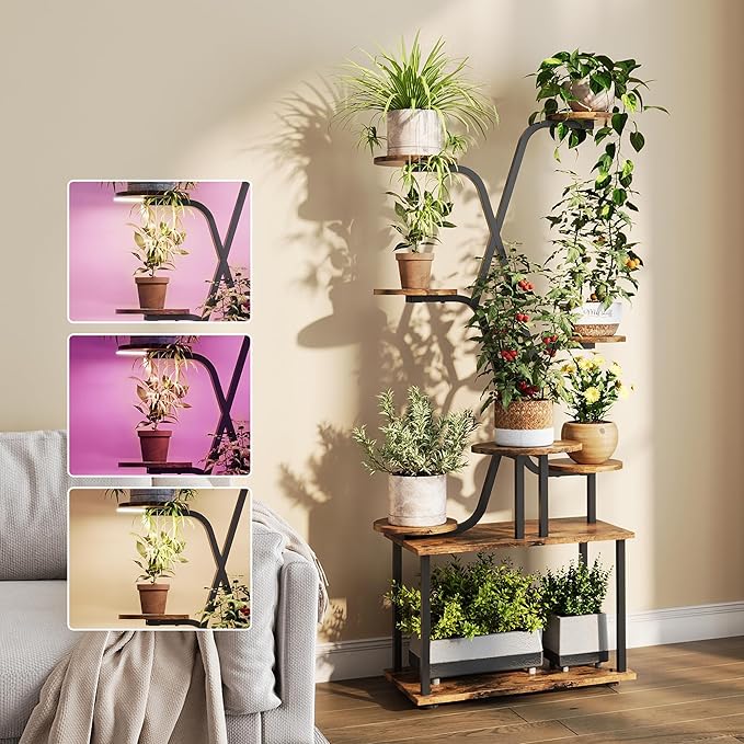 60" Tall Indoor Plant Stand, 9-Tiered Indoor Plant Stand for Large Plants, Metal Plant Stand Indoor with Grow Lights for Living Room, Balcony & Patio