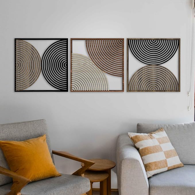 Boho Mid Century Wood Wall Art Set of 3, Abstract Geometric Wooden Wall Decor, Modern Decorative Panels, Large Home Accents Gift for Living Room and Bedroom