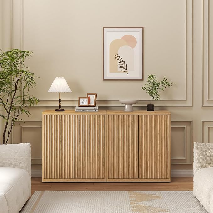 31” Sideboard Cabinet with Storage, Fluted Accent Cabinet with Adjustable Shelves, Modern Wood Credenza Cabinets with Pop-up Doors for Entryway Kitchen Living Room Hallway, Oak 3pcs