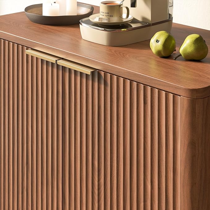 Evermagin 31.5" Walnut Buffet Cabinet with Storage, Small Sideboard Cabinet, Mid Century Modern Accent Credenza, Fluted Console Table with Doors for Dining Room, Kitchen, and Living Room